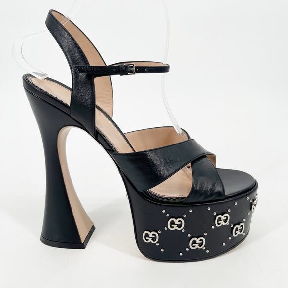 Gucci Janaya Black Leather Studded GG Platform Ankle Strap High Heel Sandals 39 - Picture 2 of 12